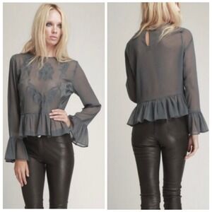 Walter Baker Grey Sheer‎ Embroidered Ruffle Sleeve Peplum Blouse XS Beth